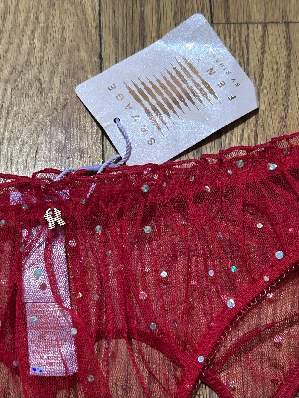 Savage X Fenty Sheer Red Rhinestone Bikini Panty
